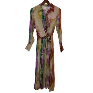 Anthropologie Long Sleeve Shirt Dress Watercolor Tie Dye Front Tie Silky Boho XS